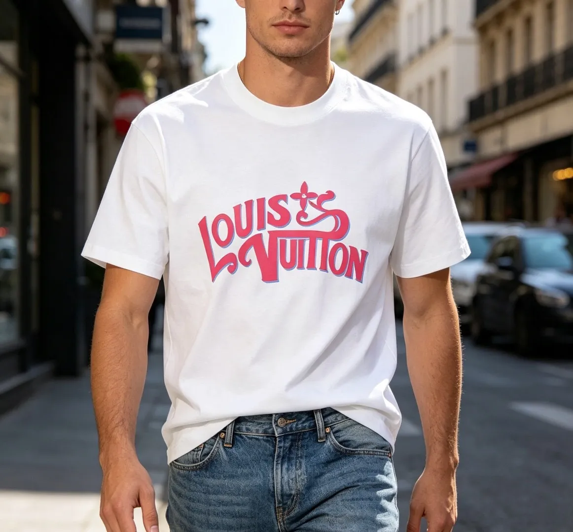 Louis Vuitton/Louis Vuitton pink graffiti 3D letter short sleeves